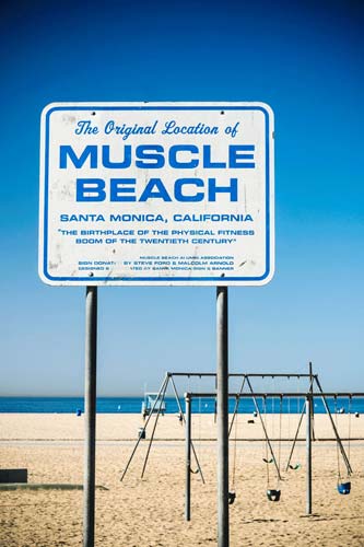 Sign of Muscle Beach in Santa Monica, CA